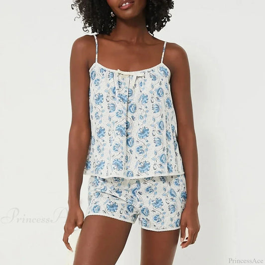 Floral Print Camisole Pajama Set Bow Trim Sleeveless Crop Shorts Two Pieces Set