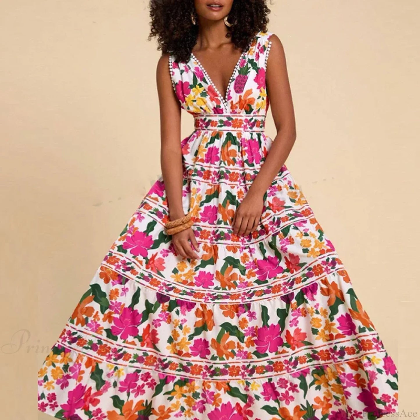 Floral Print High Waist Bohemian Beach Dress