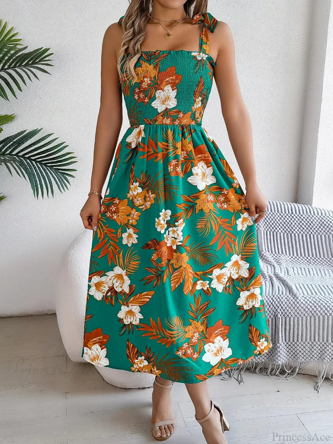 Floral Print Lace-up Sleeveless Vacation Floral Dress