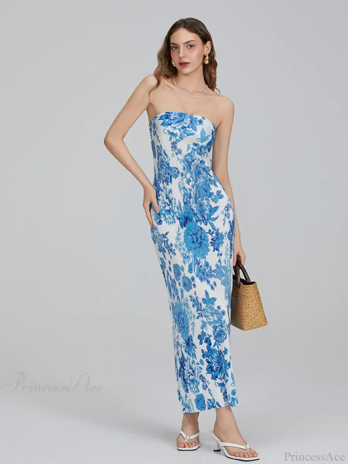 Floral Print Off-Shoulder Bandeau Pleated Tube Top Backless Party Dress