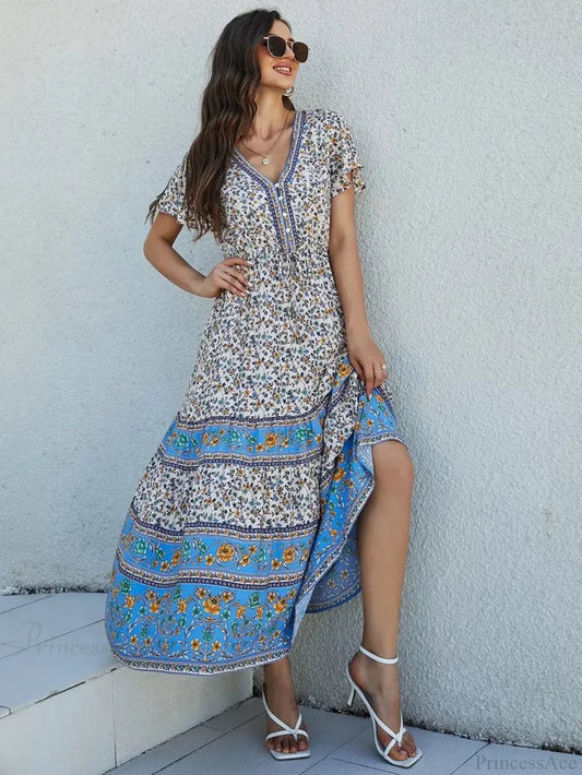 Floral Print Short Sleeve Button Loose Tassel V-neck Maxi Boho Dress