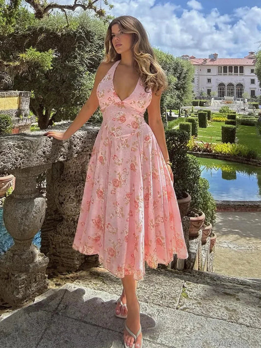 Floral Print Waist Wrap A-line Vacation Dress