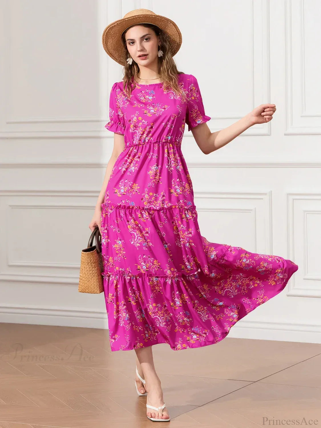 Floral Ruched Tiered Puff Sleeve Pleated Flowy Long Floral Dress