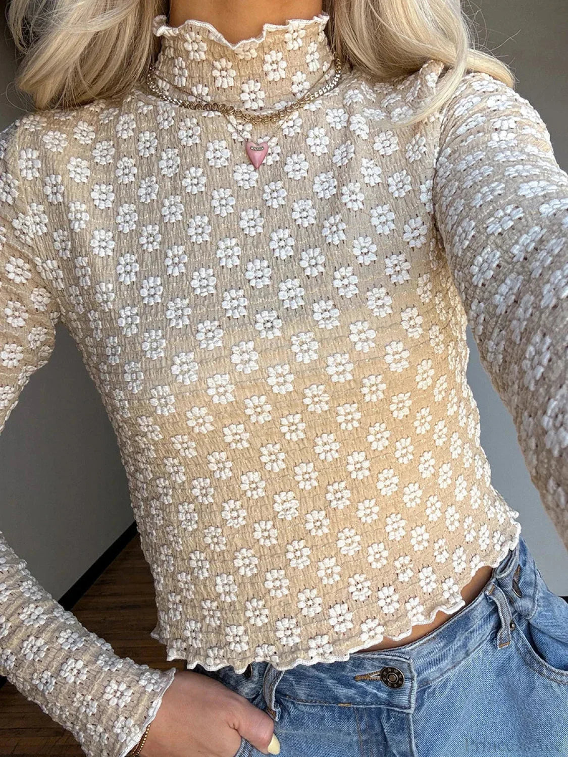 Floral Sheer Mock Neck Long Sleeve Lettuce Hem Crop Top
