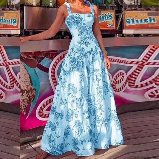 Floral Spaghetti Strap High Waist Maxi Dress