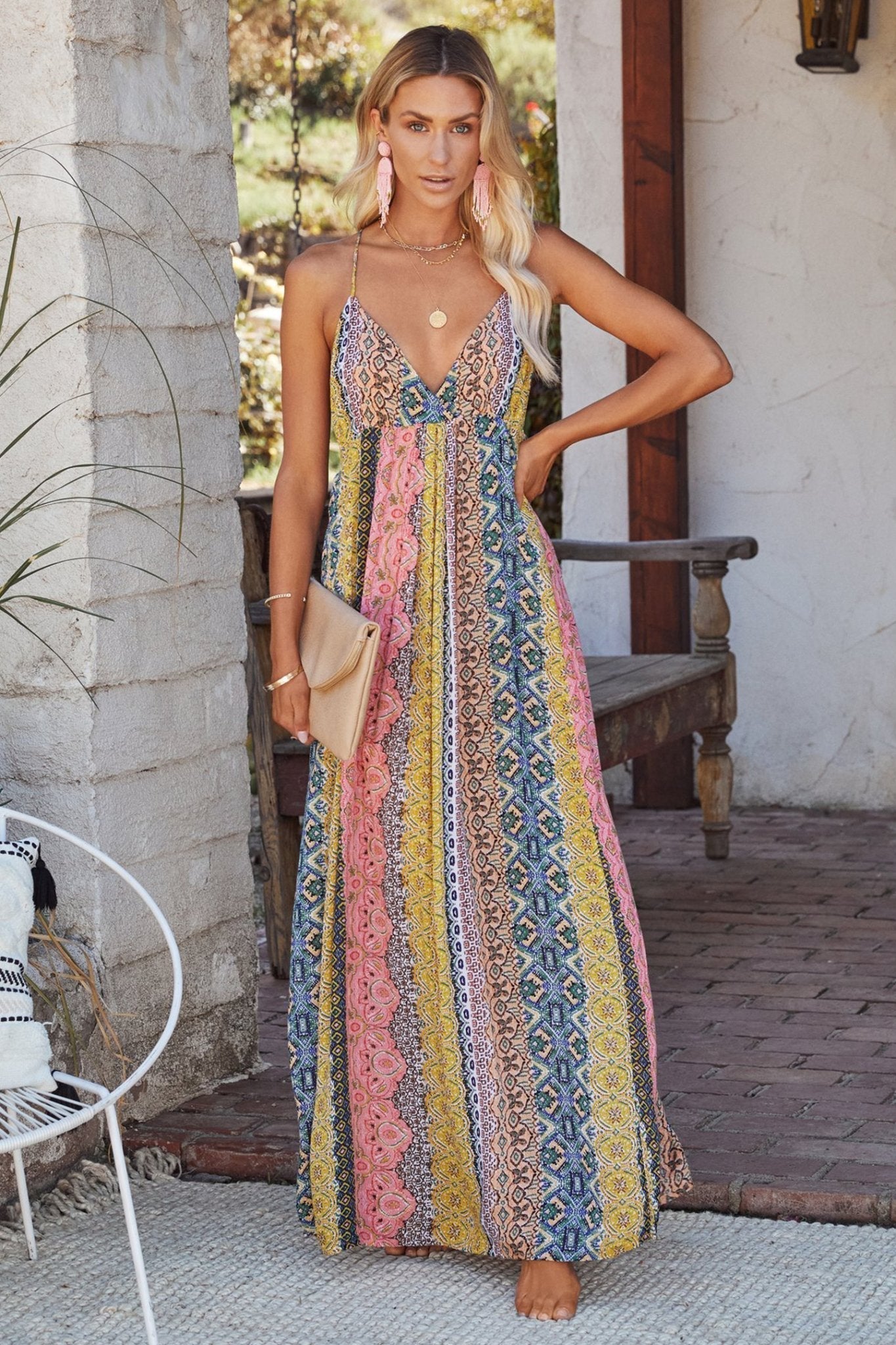 Hana® | Backless Maxi Summer Dress With Stripes And Freda Print