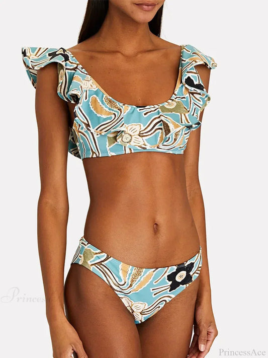 Fresh Blue Floral Back Strap Swimsuit One Piece