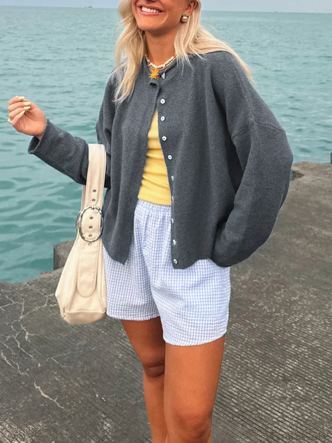 Fuzzy Button-Front Long Sleeve Knit Cardigan