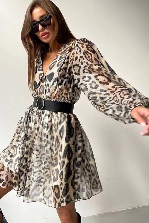 Melisa® | Printed Chiffon V-Neck Mini Dress With Belt