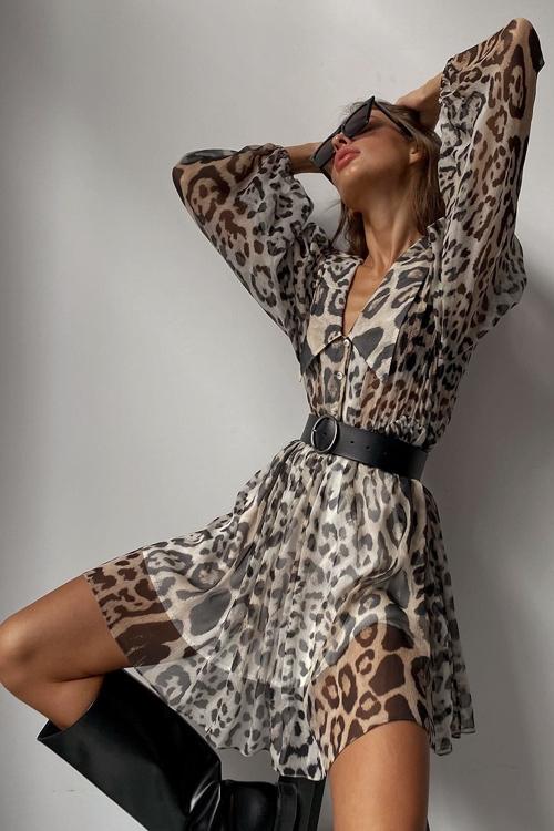 Melisa® | Printed Chiffon V-Neck Mini Dress With Belt