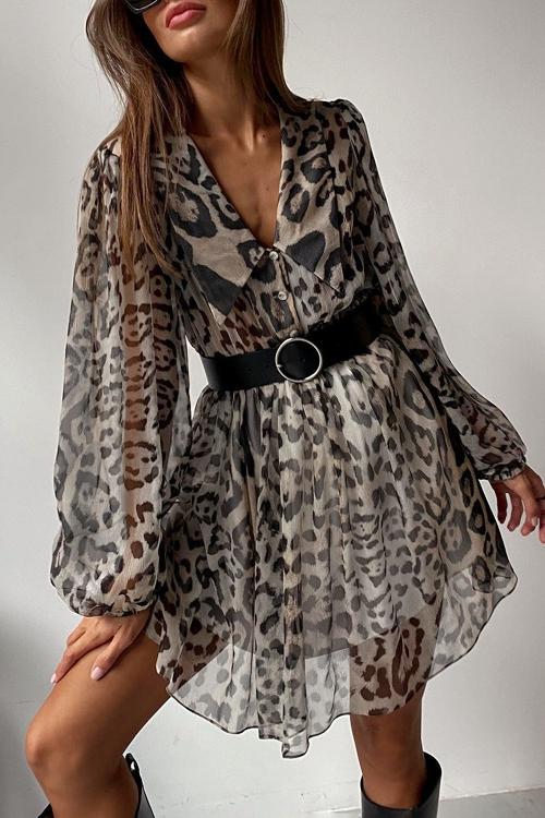 Melisa® | Printed Chiffon V-Neck Mini Dress With Belt