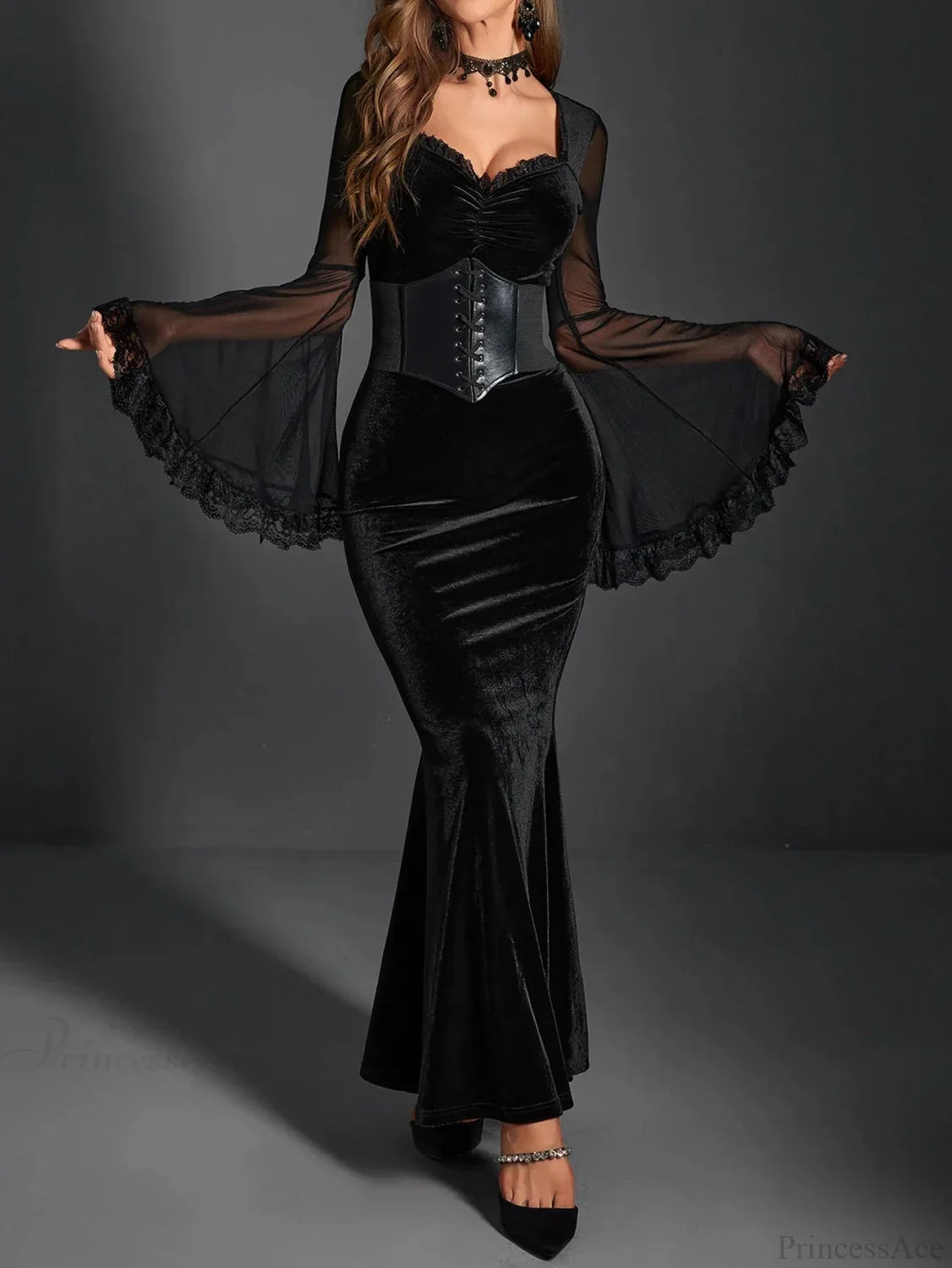 Gathered Net Flare Sleeve Full-Length Dress