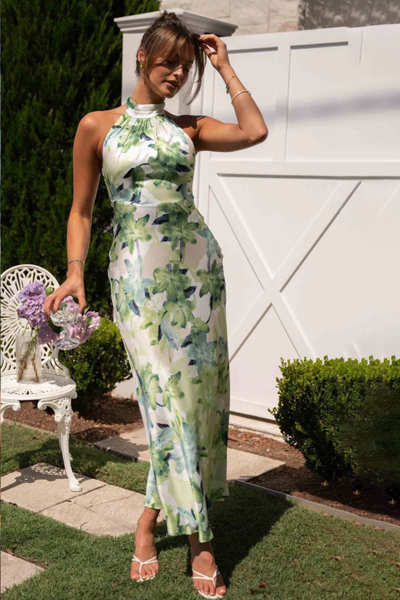 Angélica® | Printed Halterneck Midi Dress In Backless Satin