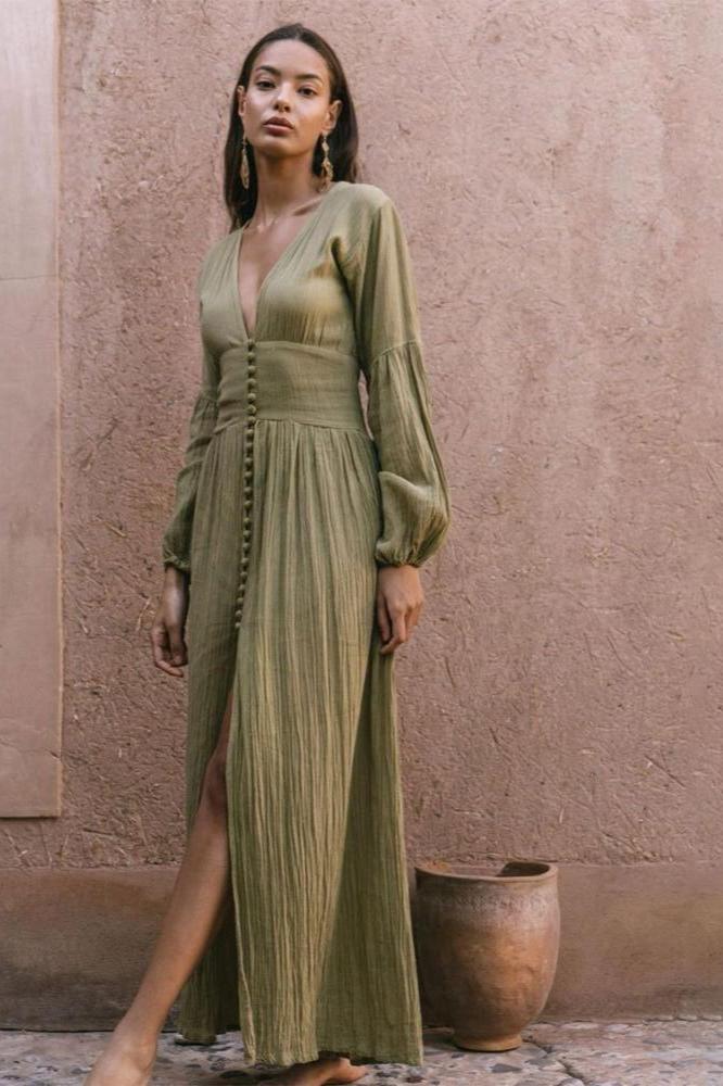 Nicolasa® | Pleated V-Neck Milkmaid Maxi Dress
