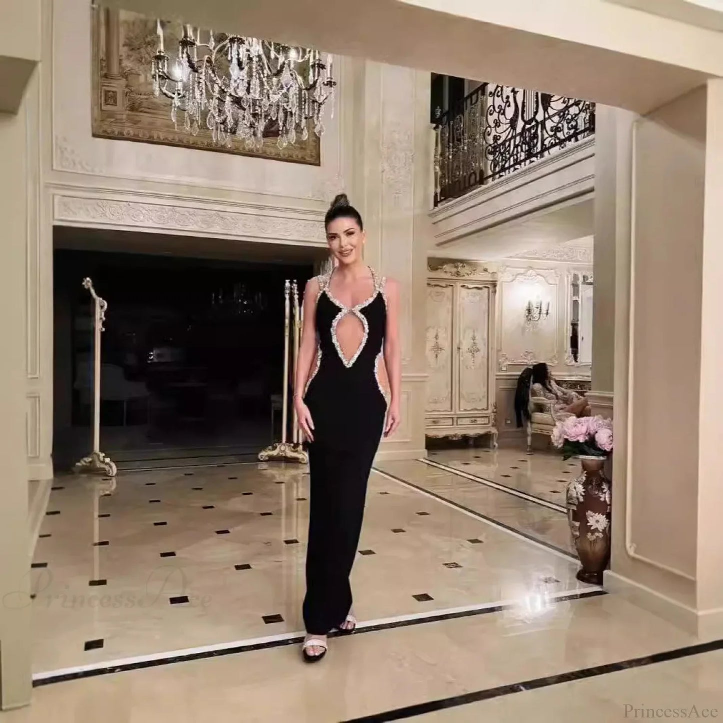 Glamorous Black Strapless Rhinestone Halter Gown Prom Dress