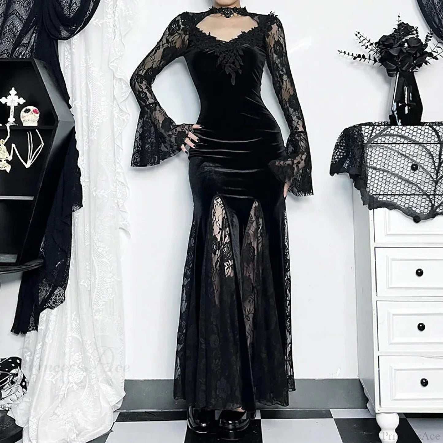 Gloomy Lace Fishtail Tiny Slim Midi Dress