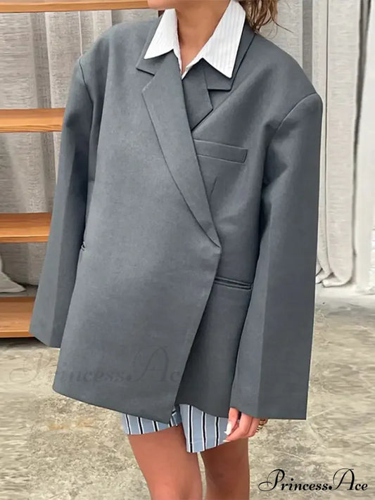 Gray Lapel Buttoned Elegant Loose Long Sleeves New Fashionable Stylish Coat