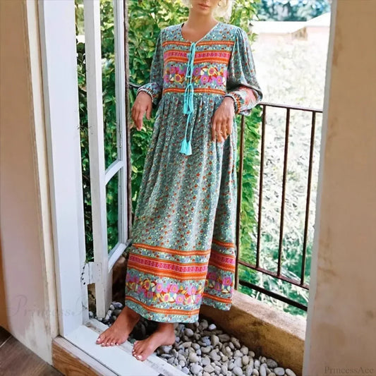 Green Floral Print Tie Neck Rayon Cotton Long Sleeve Ethnic Maxi Boho Dress