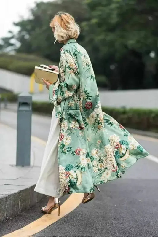 Green Floral Satin Kimono Kaftan Boho Bikini Cover up