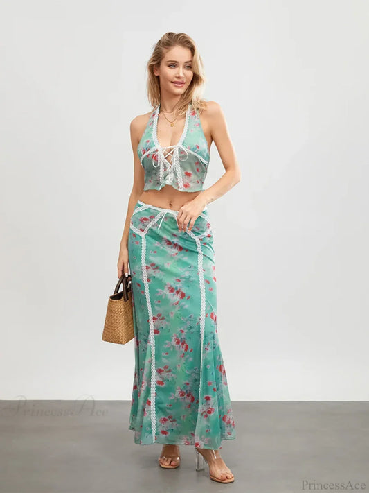Green Floral Sleeveless Tie-up Halter Backless Long Floral Dress