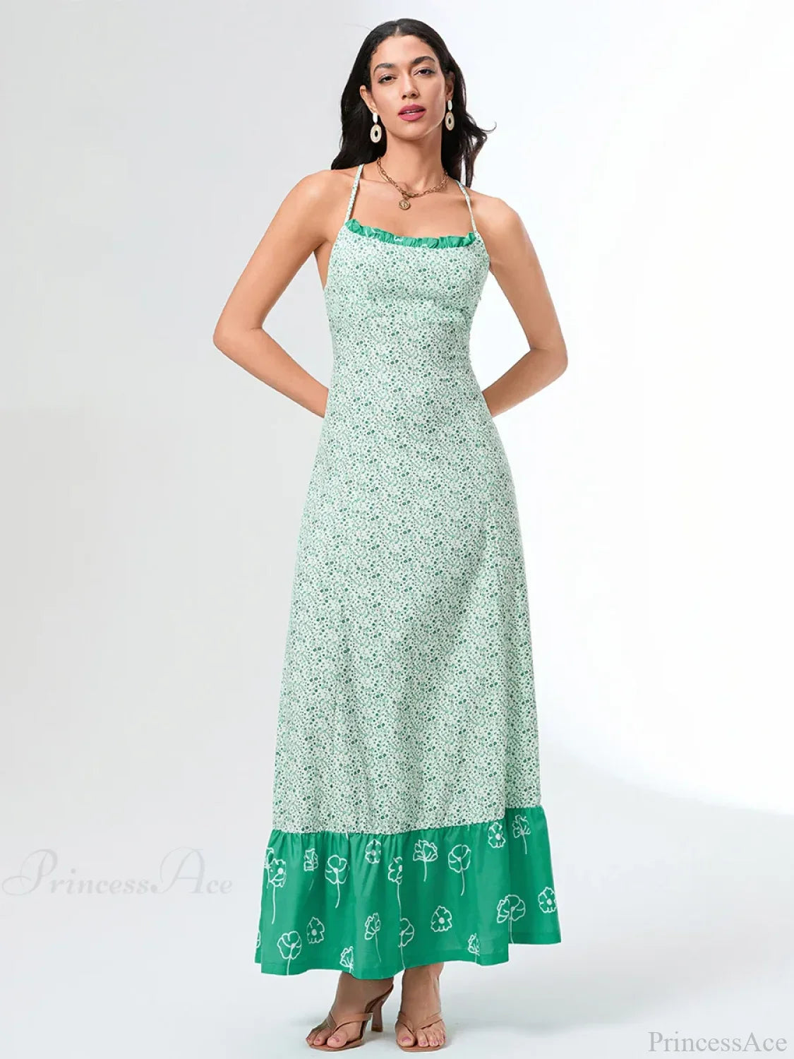 Green Floral Tie-up Back Cross Flowy Floral Dress
