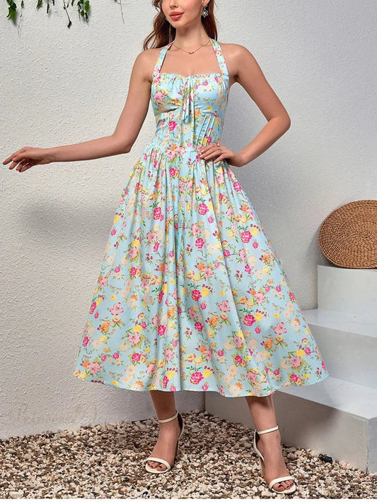 Halter Backless Print Floral Pink Dress