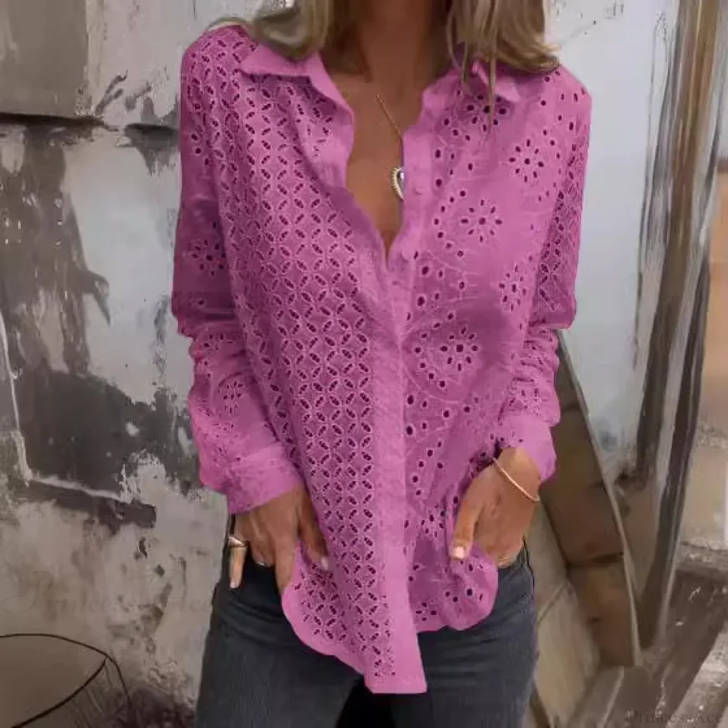 Hollow Out Cotton Floral Embroidery Long Sleeve Boho Blouse
