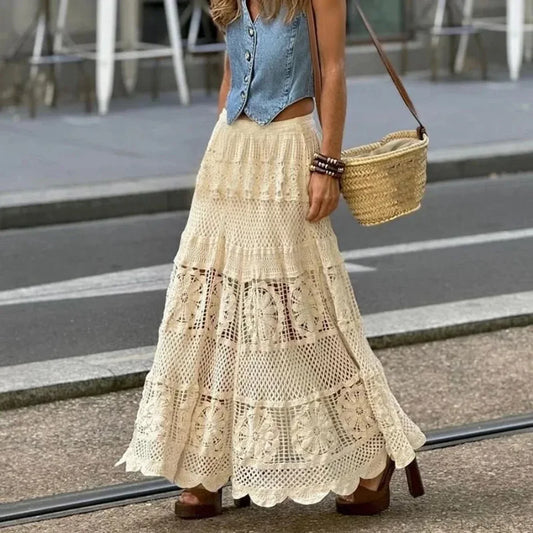 Hollow Out Maxi Skirt Solid Color A-line Hook Romantic Holiday