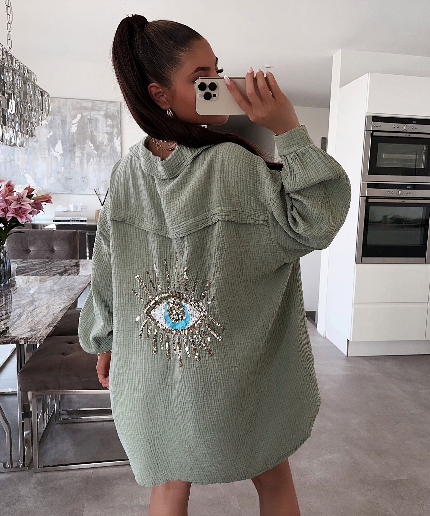 Glenda® | Oversize Muslin Blouse Glitter Eye Khaki