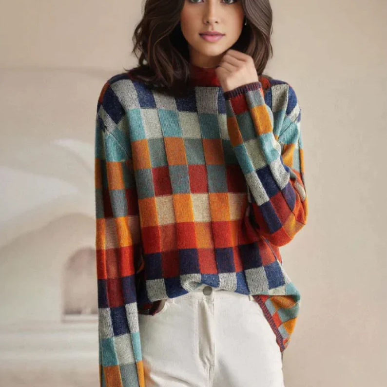 Wanda | Colorful turtleneck sweater with patchwork knit pattern