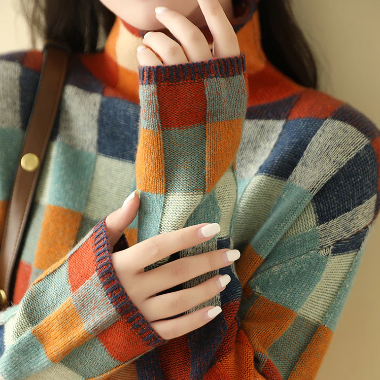 Wanda | Colorful turtleneck sweater with patchwork knit pattern