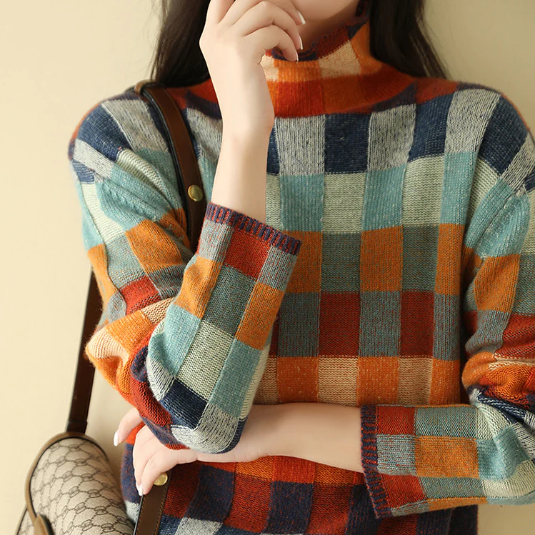 Wanda | Colorful turtleneck sweater with patchwork knit pattern