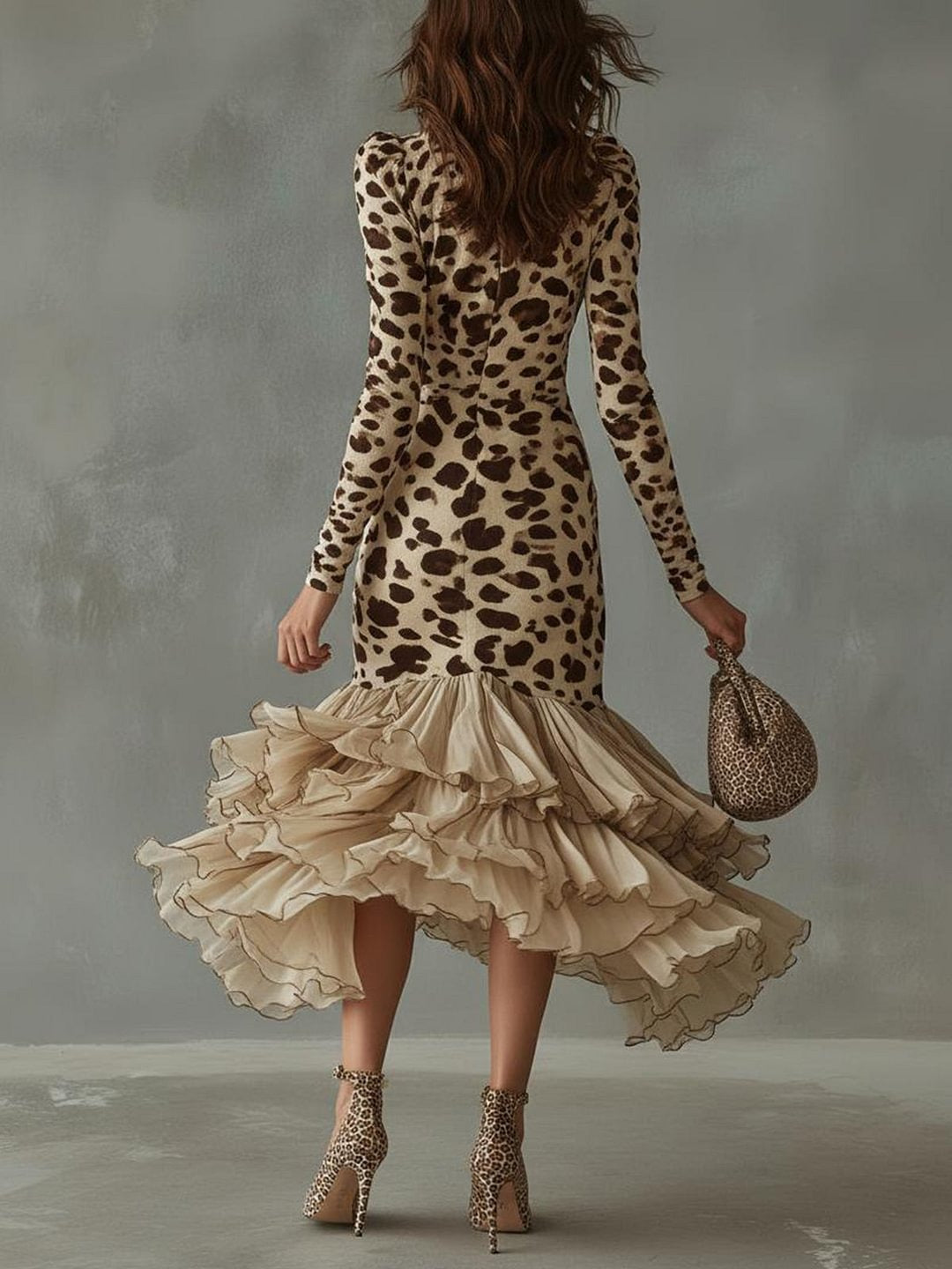 Long-Sleeved V-Neck Printed Dress