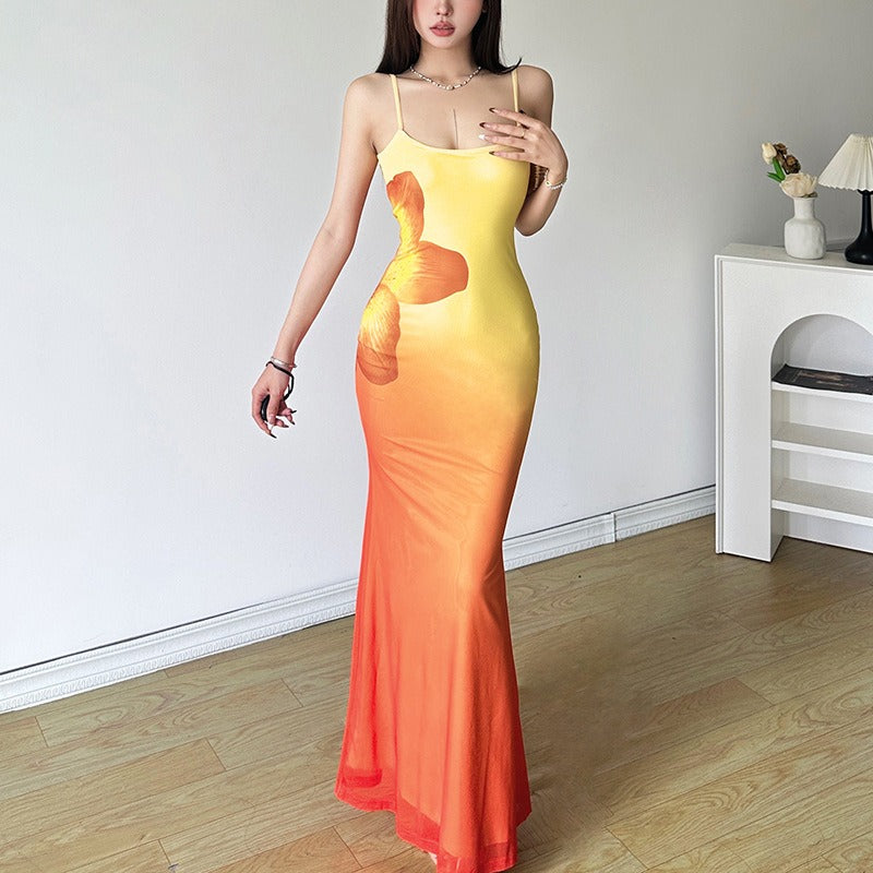 Gradient-Colored Flower-Patterned Fishnet Dress
