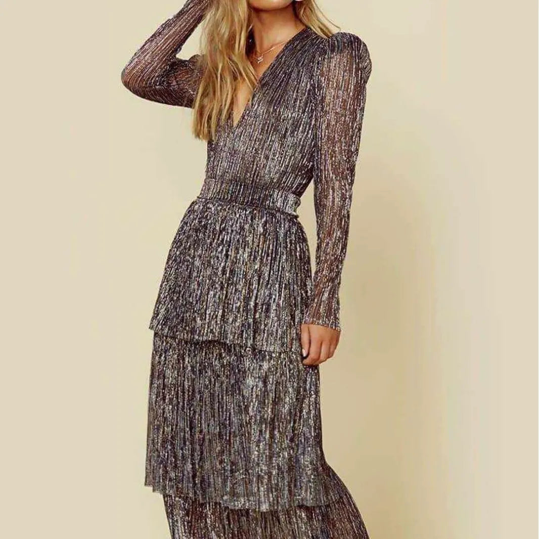 Christmas Elegant Sequin Long Sleeve V Neck Midi Dress