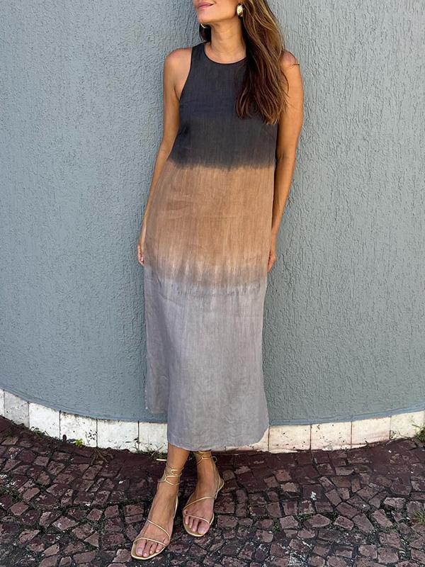 Melanie® | Sleeveless Cotton And Linen Long Dress With Slit And Gradient Tie-Dye