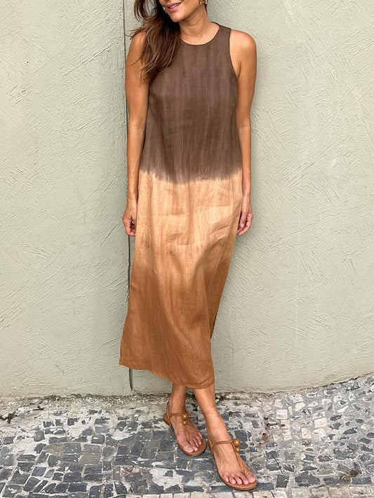Melanie® | Sleeveless Cotton And Linen Long Dress With Slit And Gradient Tie-Dye