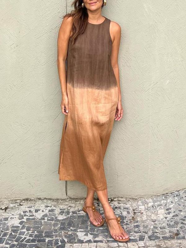Melanie® | Sleeveless Cotton And Linen Long Dress With Slit And Gradient Tie-Dye
