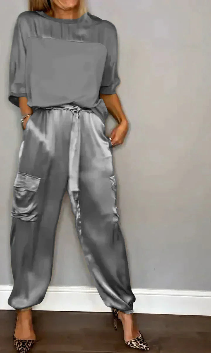 Amalia® | Women'S Two-Piece Plain Satin Top And Midi Pants Suit