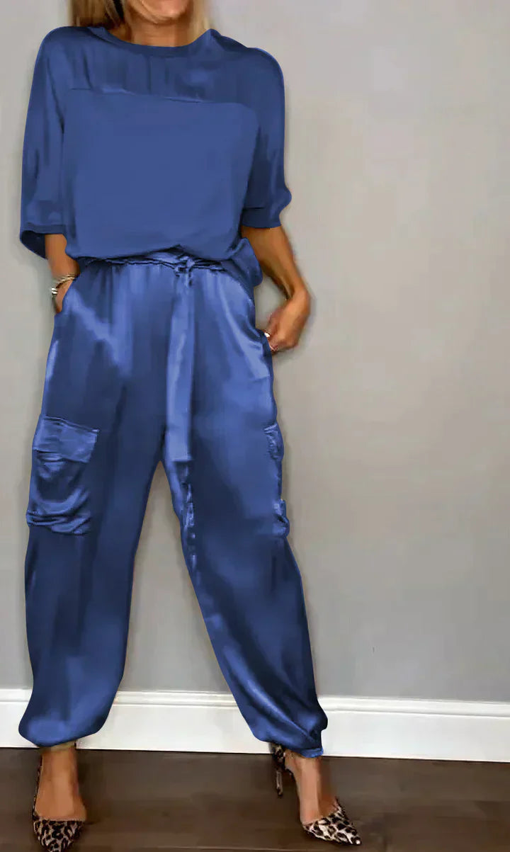 Amalia® | Women'S Two-Piece Plain Satin Top And Midi Pants Suit