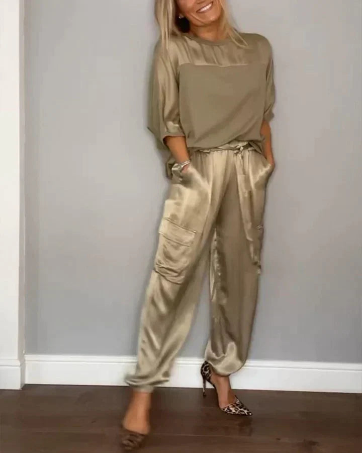 Amalia® | Women'S Two-Piece Plain Satin Top And Midi Pants Suit