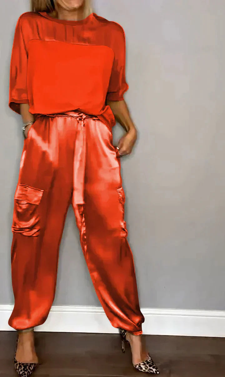 Amalia® | Women'S Two-Piece Plain Satin Top And Midi Pants Suit