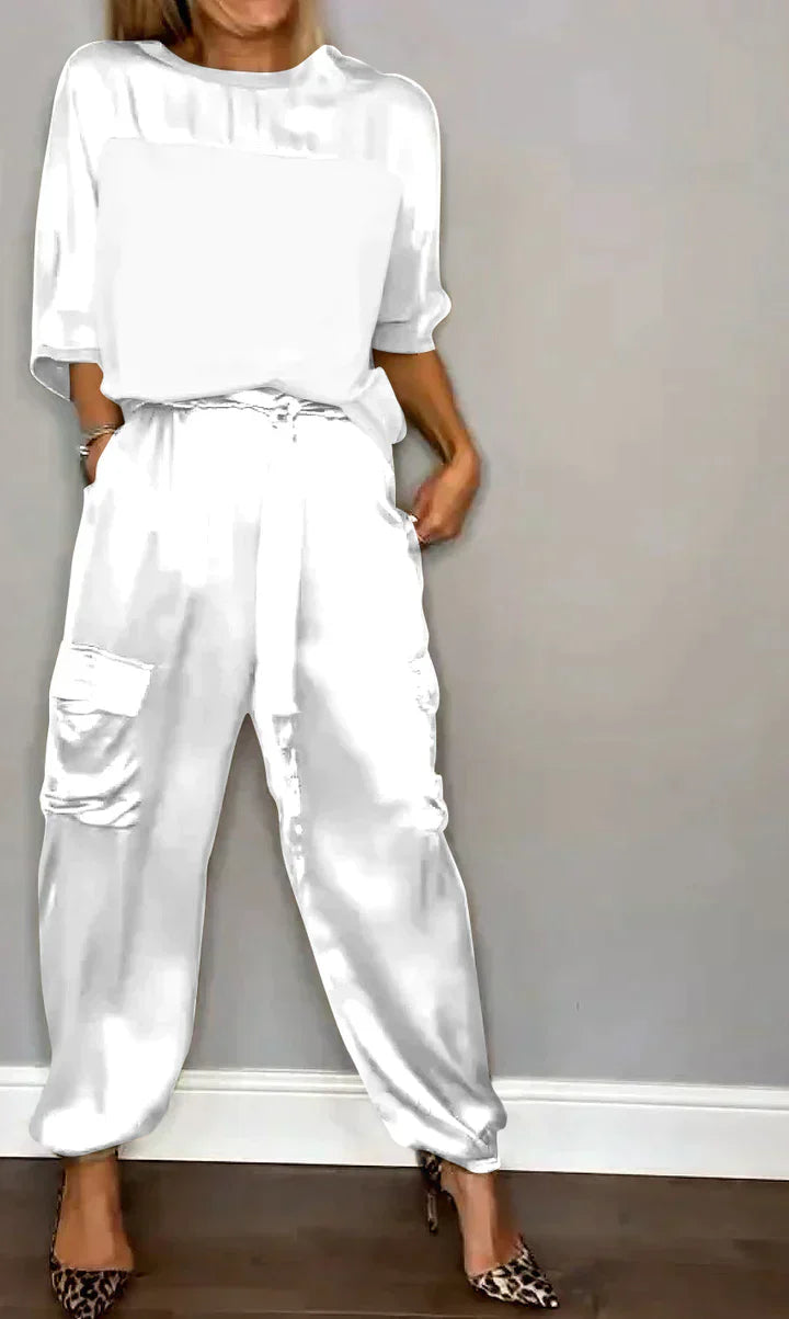 Amalia® | Women'S Two-Piece Plain Satin Top And Midi Pants Suit