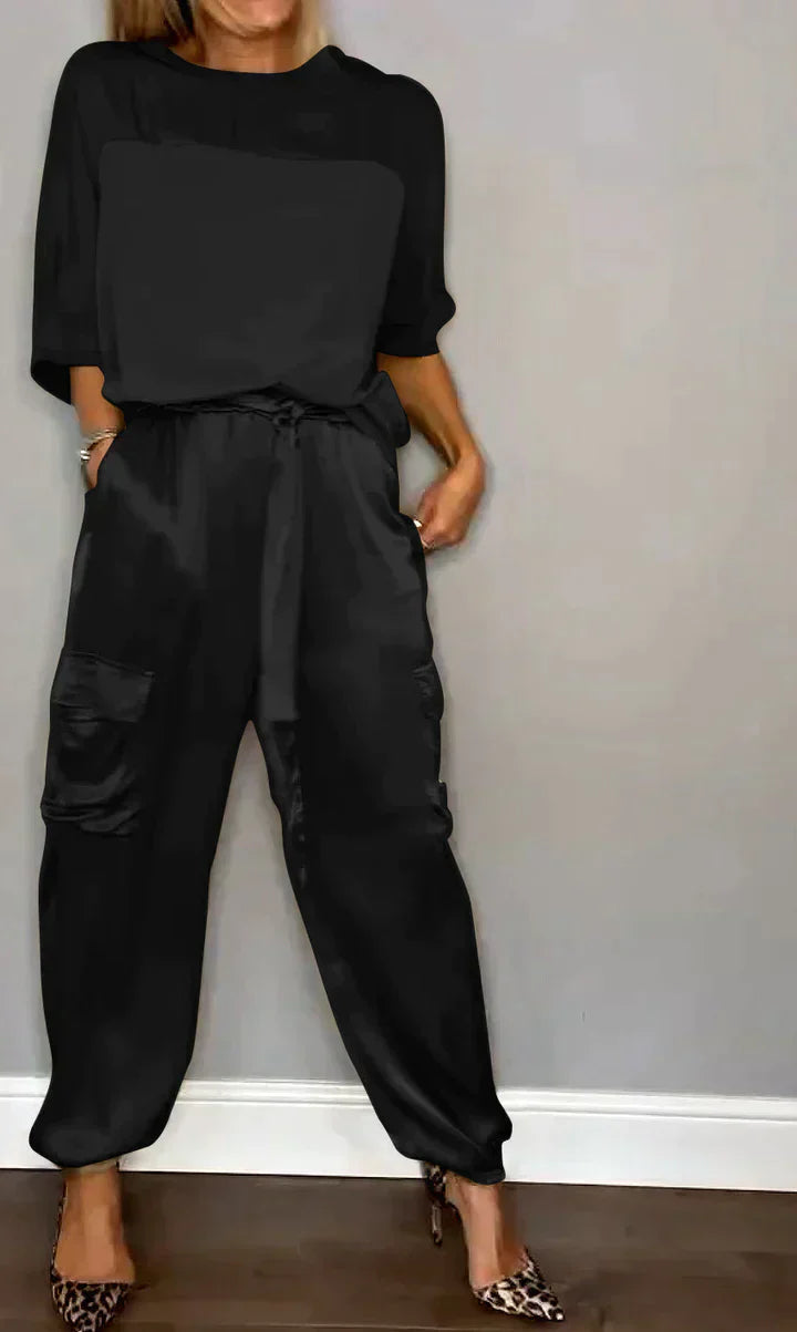 Amalia® | Women'S Two-Piece Plain Satin Top And Midi Pants Suit