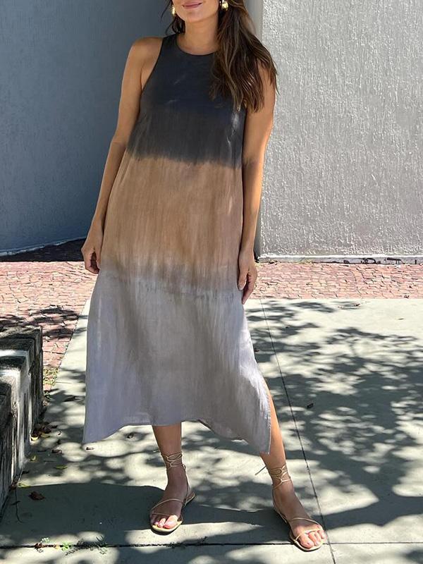 Melanie® | Sleeveless Cotton And Linen Long Dress With Slit And Gradient Tie-Dye