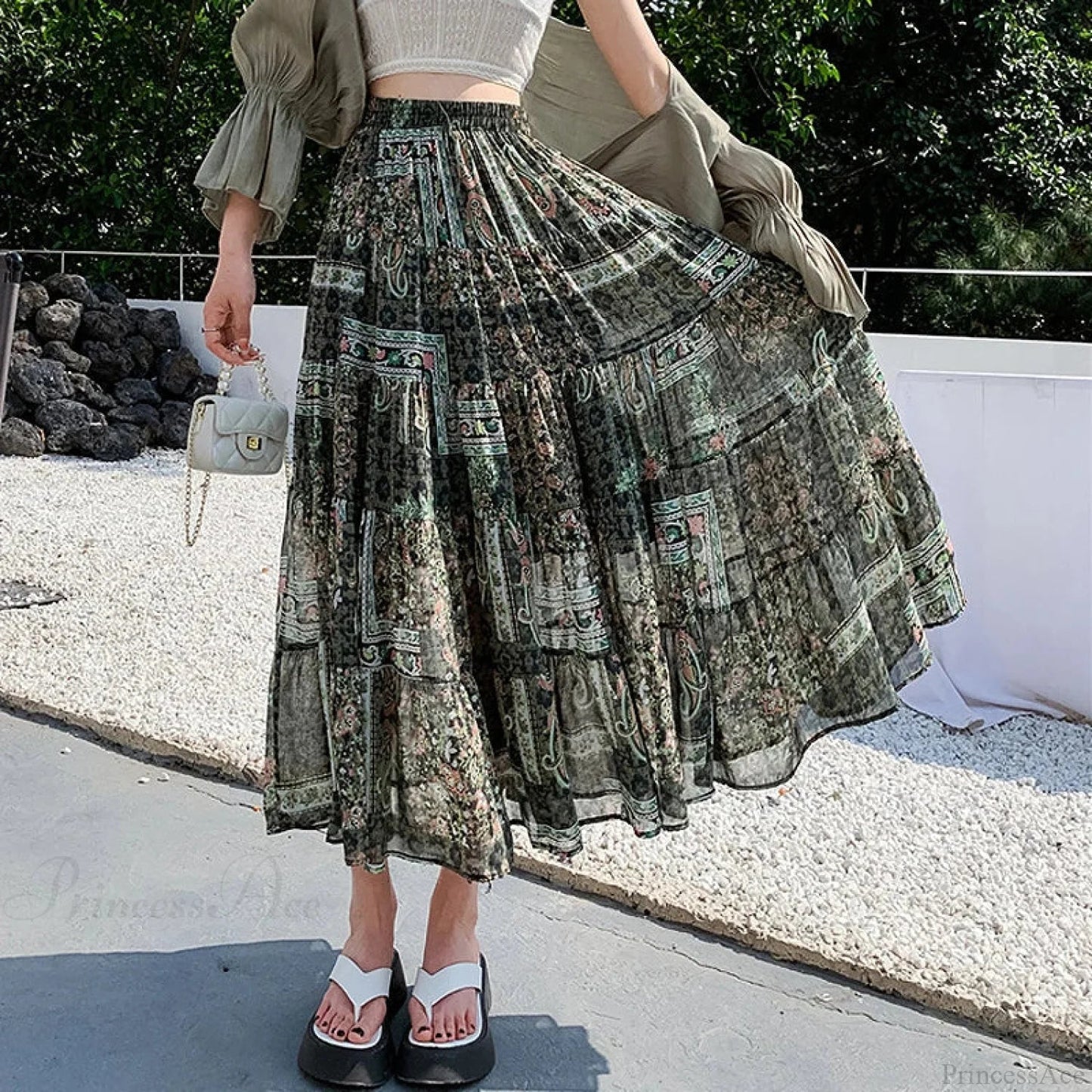 Kawaii Chiffon Splice Floral Tea Break Skirt