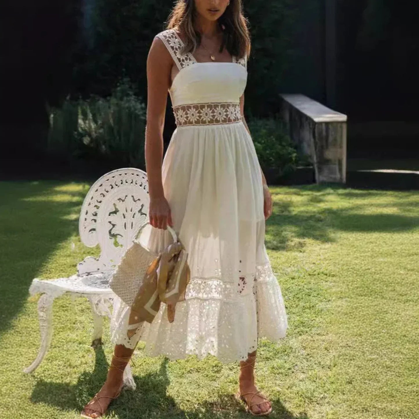 Lace Cotton Sleeveless White Hollow Out Maxi Boho Sundress