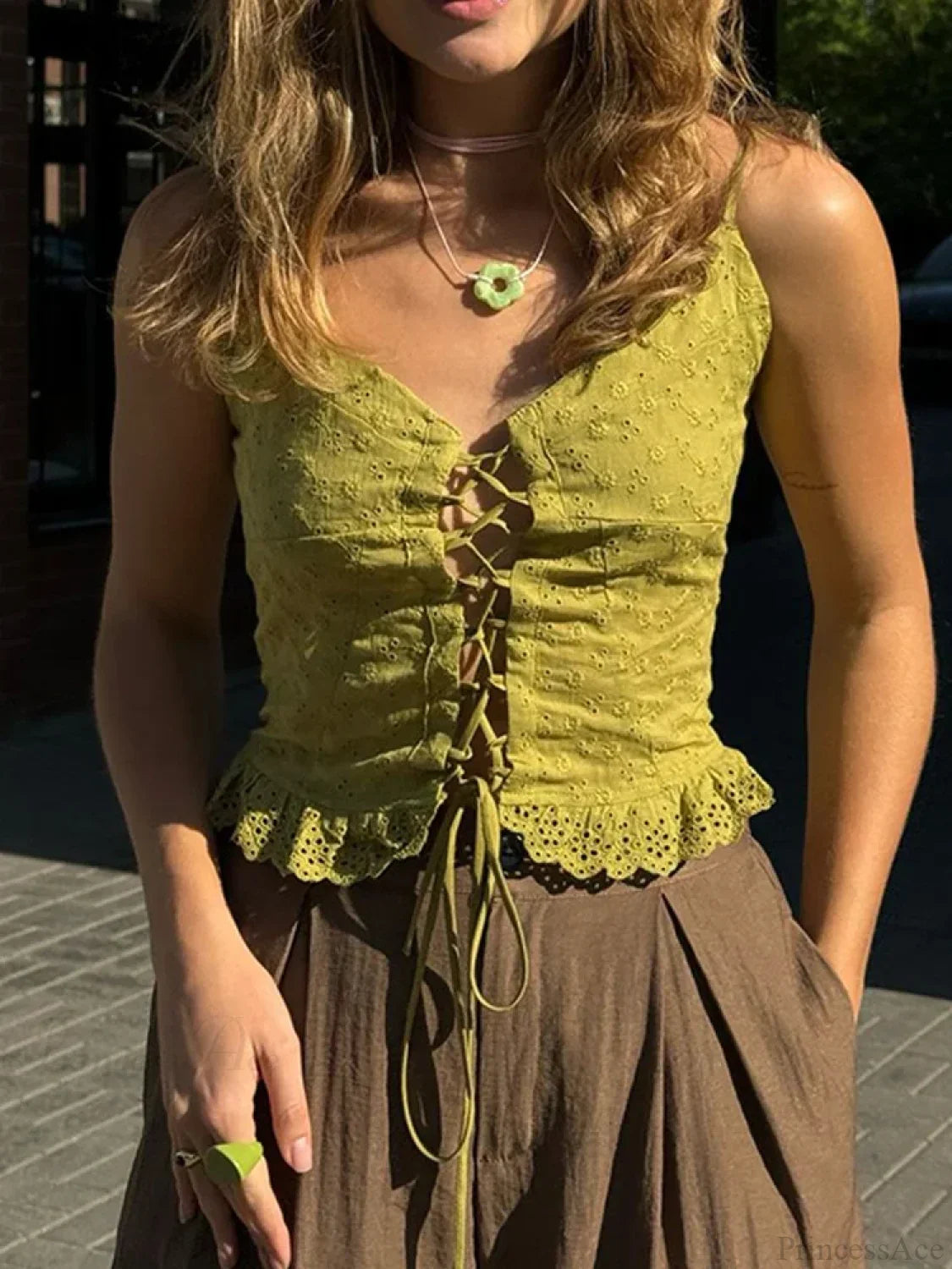 Lace Sleeveless V-neck Criss-cross Tie-up Crop Top