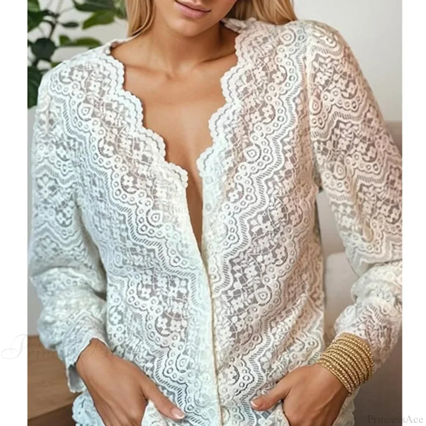 Lace V-Neck Floral Vintage Elegant Long Sleeve Boho Blouse