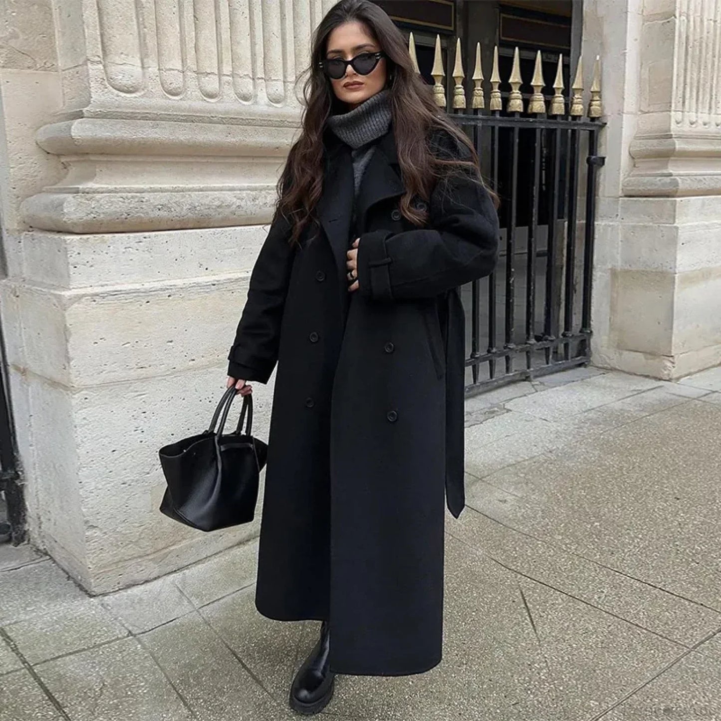 Lamb Wool Patchwork Leather Belted Overcoat